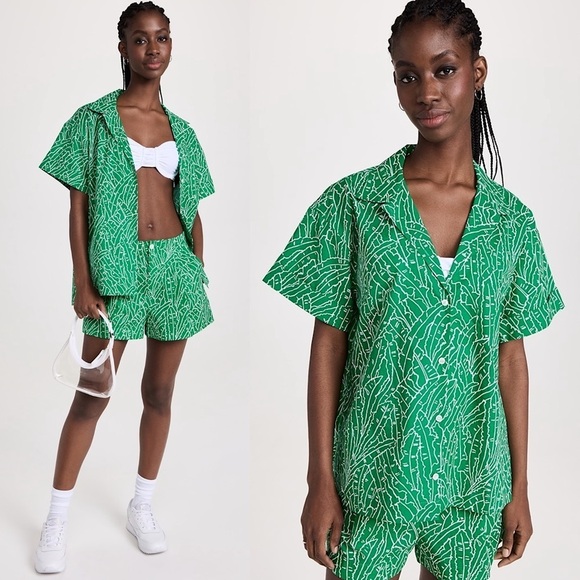 NWT STAUD Palm Leaf Print Short Sleeve Relax Fit Button Up Collared Camp Shirt S - Picture 1 of 8